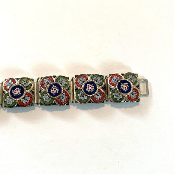 Vintage Italian Micro Mosaic Bracelet Floral Millefiori Glass Link Panel Jewelry - Picture 11 of 16